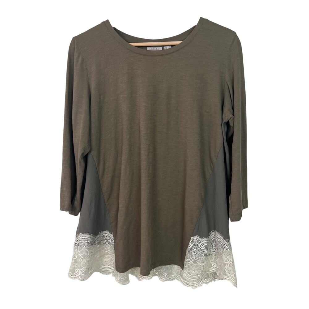 LOGO Lounge Lori Goldstein Medium Olive Lace Trimmed 3/4 Sleeve Mixed Media Top